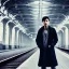 Placeholder: A young Asian man with long hair and a black trench coat waiting for a woman at a train station in istanbul