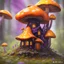 Placeholder: A weird mushroom house with drippy spots on a floating space island. black orange yellow purple. Detailed gloss Painting, rich color, fantastical, intricate detail, splash screen, hyperdetailed, insane depth, concept art, 8k resolution, trending on artstation