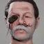 Placeholder: white mouth dead face, eyes stapled shut eyes, stitched shut, nose small bleeding, stringy hair greased