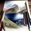 Placeholder: Colored pencil drawing. Norwegian lancscape. Realistic, professional. no background, white paper.