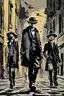 Placeholder: Design a detective book cover for teenagers. A teenage girl in the centre, one boy on her left, and one on her right are on the town street. Black cat. Banksy style, pop art style, dark mood