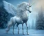 Placeholder: surreal illustration of a unicorn on frozen ground, realistic, surrealism, surreal unicorn with glowing wings, glowing soft and smooth wings, shadow, abstract surreal fantasy art, highly detailed, intricate patterns on wings, soft studio lighting, smooth dark blue background 64k