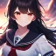 Placeholder: Clear focus, high resolution, black long fluffy hair, red eyes, wearing a sailor uniform, doing a evil smile