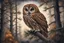 Placeholder: Brown Tawny Owl, pine tree, forest, autumn, dark night highly detailed intricate intricate details high definition crisp quality beautiful lighting pencil sketch watercolor dramatic lighting Deep shadows Warm colors warm light