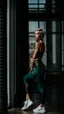 Placeholder: photography of skinny white girl, satin yoga pants, short hair, photographed by nisian hughes, concrete studio, big side windows, fashion photography, bright daylight, raw,