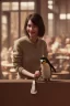 Placeholder: young woman talk to a penguin in coffee-shop