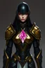 Placeholder: warforged, female, powered-armor, combat-armor, power-armor, pink crystal embedded in chest, slender-frame, lithe, beautiful, humanoid, gold-armor, black-armor, black-hair, DnD, Dungeons and Dragons, Faceless helmet, paladin, black armor, silver embroidery. NO SKIN