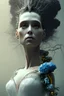 Placeholder: 4K Ultra-HD, Hyper realistic, cinematic lighting -- the bride of Frankenstein , short, bowl-cut black hair, dead eyes, Yellow skirt, blue blouse with short poofy sleeves, extremely pail skin, wilted Rose pedals, gloomy, foggy, Castle, Full body image -- 4k, stunning, dramatic lighting, dramatic background, cinematic, atmospheric, very detailed, historic, powerful, octane rendering, exquisite detail, 30 - megapixel, 4k, 85 - mm - lens, sharp - focus, intricately detailed