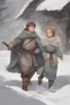 Placeholder: DnD style, two medieval peasant kids playing in the snow male and female, age 14 and 15, happy and playful, he has a short sword.