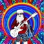 Placeholder: hippie Santa playing electric guitar psychedelic peace sign, MUSHROOMS