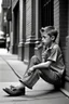 Placeholder: A boy sitting on the sidewalk, smoking a cigarette and wearing sandals