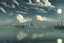 Placeholder: moon, clouds, distant modern contemporary city, lake, sci-fi, boat, epic