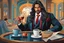 Placeholder: A bos gangster bring a hot cup of cofee with long strike hair detailed dress and face, featured art, android mystic, painting of a man in the style of paper art,