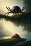 Placeholder: tent with a huge spider inside,lake, fog, 8k, trending art, depth of field