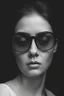 Placeholder: el rostro de una mujer con gafas totalmente oscuras y con expresión seria en blanco y negro que no se ven los ojos, que solamente se vea su rostro y cuello que no se vean sus ojos, gafas mas oscuras que su expresión sea más seria, mucho más seria casi triste que las lunas de las gafas sean totalmente oscuras