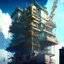 Placeholder: epic, anime style, high detail, no people a strange fantasy building work in progress, partially covered by scaffolding