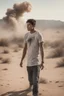 Placeholder: A wounded 25-year-old boy in a men's sports tee is walking in the desert with his head down, smoking a cigarette, and a scene of destruction is unfolding behind him