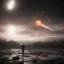 Placeholder: Heavy rain. Epic Lighting in the night sky. Knight with magic scroll in hand. Falling meteorite from the sky. Meteorite burning in the distance. Dark black mud.