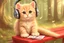 Placeholder: a contented long-haired cute beige kitten with big headphones on its head sits on a red bench in the woods, musical notes emanating dynamically from the headphones, mice sitting in front of the bench playing cards in the sunshine