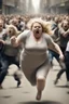 Placeholder: an obese terrified blonde woman desperately running away from an angry mob of hundreds chasing behind her