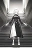 Placeholder: girl runs on the stairs, greyscale