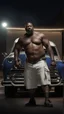 Placeholder: strong burly chubby nigerian mechanic 44 years old, curly hair, wet, short white beard, manly chest, hairy, shirtless in bulging dirty white boxer and tank top, big shoulders, tattoo, big calves, barefeet, angry, photorealistic, side light, inside a dark parking lot at night, side neon light, photoRealistic, view from the ground