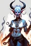 Placeholder: A full body image of this tiefling woman she has fire powers, she is floating she has lots of jewelry and the horns of a ram and also the horns of a gazelle, her outfit is white and her body is covered in tribal tattoos, she is laughing