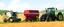 Placeholder: Parked at the edge of a field is a Claas brand Combine(left) Vaderstad implement Seeder(middle, red) and a John Deere Tractor(right) digital illustration