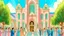 Placeholder: This image is a colorful digital drawing depicting a wedding ceremony taking place in front of a church with a light-colored facade and blue double doors. The church has a classic design with arched windows and a decorative cornice. The scene is bustling with activity. On the stairs leading up to the church, there are numerous people gathered, including the bride and groom in pink dresses and matching suits. The bride is in the center of the stairs, holding a bouquet of flowers. She is surrounde