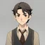 Placeholder: Young adult male, black hair with middle, mischievous hazelnut brown eyes, tall and lanky, freckles here and there, 1920s styled outfit, anime style