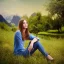 Placeholder: gorgeous young Swiss girl sitting standing in green field, mountain, sun, wearing blue shirt over, open arms, realistic eyes, unreal engine, photograph, realistic skin texture, photorealistic, hyper realism, highly detailed, 85mm portrait photography