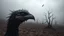 Placeholder: close up weird crepy bird head, and far away Birds and trees in alternative surreal barren, dry, gloomy world, nightmare in abyss, deep vortex, black, gray, purple, brown, silver, dark red colors, surreal, weird dark fantasy, deep dark colors, sharp lines, crepy stunning, high detalied, weird, fog, shadows, realistic, surreal, highly detailed, melancholic thriller mood