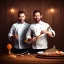 Placeholder: portrait of handsome man and another chef in front dark wooden wall, fish, shiny fork and knifes on dinner table with cloth, fantasy art book cover