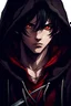 Placeholder: 18-year-old boy with black hair and a hairstyle with red-colored eyes in a medieval fantasy hoodie with a long sword