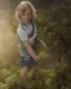 Placeholder: full length photograph of a beautiful 12 year old boy with long, blonde curly hair and light blue eyes, smiling, standing on a green hill in summer, highly detailed, smooth, photorealistic, digital art, HDR