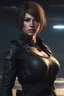 Placeholder: 12k wallpaper of Arina- 34 years old woman, mercenery, fierce and stunning, Bobcut brown hair, athletic, wearing black tactical clothes in sci-fi world - HDR quality - trending in artstation, ultra realistic, highly detailed neck, highly detailed face