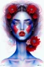 Placeholder: blue Pencil sketch of a woman with red lips and flower in hair on watercolor paper