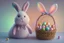 Placeholder: cute chibi plushy fluffy knitted and embroidered natural colored easter bunny in basket, feathers, easter eggs, iridescent flowers incorporated, light emitting, cracked bioluminescent holographic marble background, silver foil, sparkling diamonds, holographic raw pearls, ethereal, cinematic postprocessing