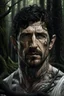 Placeholder: Photographic portrait Patrick Dempsey as fantasy alpha werewolf in human form very muscular short cropped black hair and stubble on chin, tribal tattoos wearing white button up shirt with rolled up sleeves realistic face, close-up, dark fantasy, fantasy forest, intricate details, hyper detailed, deviant art style