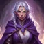 Placeholder: dungeons & dragons; portrait; human; female; sorcerer; wild magic; silver hair; braids; violet eyes; cloak; robes