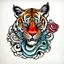 Placeholder: a modern tattoo design, old school style, thick black lines, on a plain white background, featuring a japanese tiger as the main element, minimal style, vibrant saturated color palette, Hand drawn aesthetic, old school style with hints of American traditional tattoo style