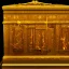 Placeholder: golden sarcophagus with fire on the inside, in a dungeon, dark