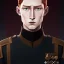 Placeholder: general hux 3/4 view, wearing a black First Order uniform, serious, imposing figure, thick eyebrows, digital art, wearing a black First Order uniform, green eyes, gray background, sepia filter, light coming from the side