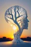 Placeholder: White AI algorithmic based 3D printed generative design, tree growing out of human head, natural dusk sunset lighting,