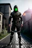 Placeholder: muscular ninja assassin, athletic build, wearing black and gray baggy pants with pockets, black hood and black balaclava mask, big boots, buckles, straps, daggers, dark hazel eyes, eyes are both in proportion and green, 3/4 look, standing, dark cobblestone alley, candle light behind head, intense, non photorealistic rendering in the art style of j.scott campbell