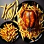 Placeholder: a nice juicy small chicken with french fries on a big black plate