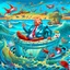 Placeholder: Donald Trump as a Fat man in a claw foot bathtub sinking in the ocean. Water lapping at the top of the tub. Panic on his face. Scared, screaming for help. Surrounded by seagulls, lobsters and crabs. there is a colorful light house with dark stormy skies in the background. Lightening and wind blows. He's in trouble.