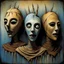 Placeholder: Horror mummy masks, surrealism, by Yves Tanguy and Brian Froud, brilliantly grounded against the backdrop of an elusive nightmare, palpable textures, distressing colorful hues.