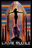 Placeholder: 24x36 inch movie poster - "The End of Life" - a multicolored, stained, spectral, glass fragment, prism, 3D sculpture, a woman standing on the precipice looking down into the void while a giant, snarling werewolf rears up behind her, and Motley Crue plays a concert in California at the same location that an indian with black hair smoked a piece pipe with Quazimoto before he got whipped by the constable of Naples