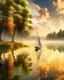 Placeholder: serene landscape of a peaceful lake at sunrise, with misty fog rising from the calm water, surrounded by lush green trees and vibrant flowers. A solo sailboat with a white sail billows in the gentle breeze in the distance. The warm sunlight casts a golden glow on the scene, with the sky transitioning from soft pink to gentle blue and feathery clouds. The trees are reflected perfectly in the still water, creating symmetry and balance. Evocative of a tranquil and harmonious m